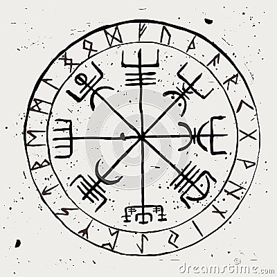 Vegvisir. Protective runic talisman for travelers. Compass for the wandering Cartoon Illustration